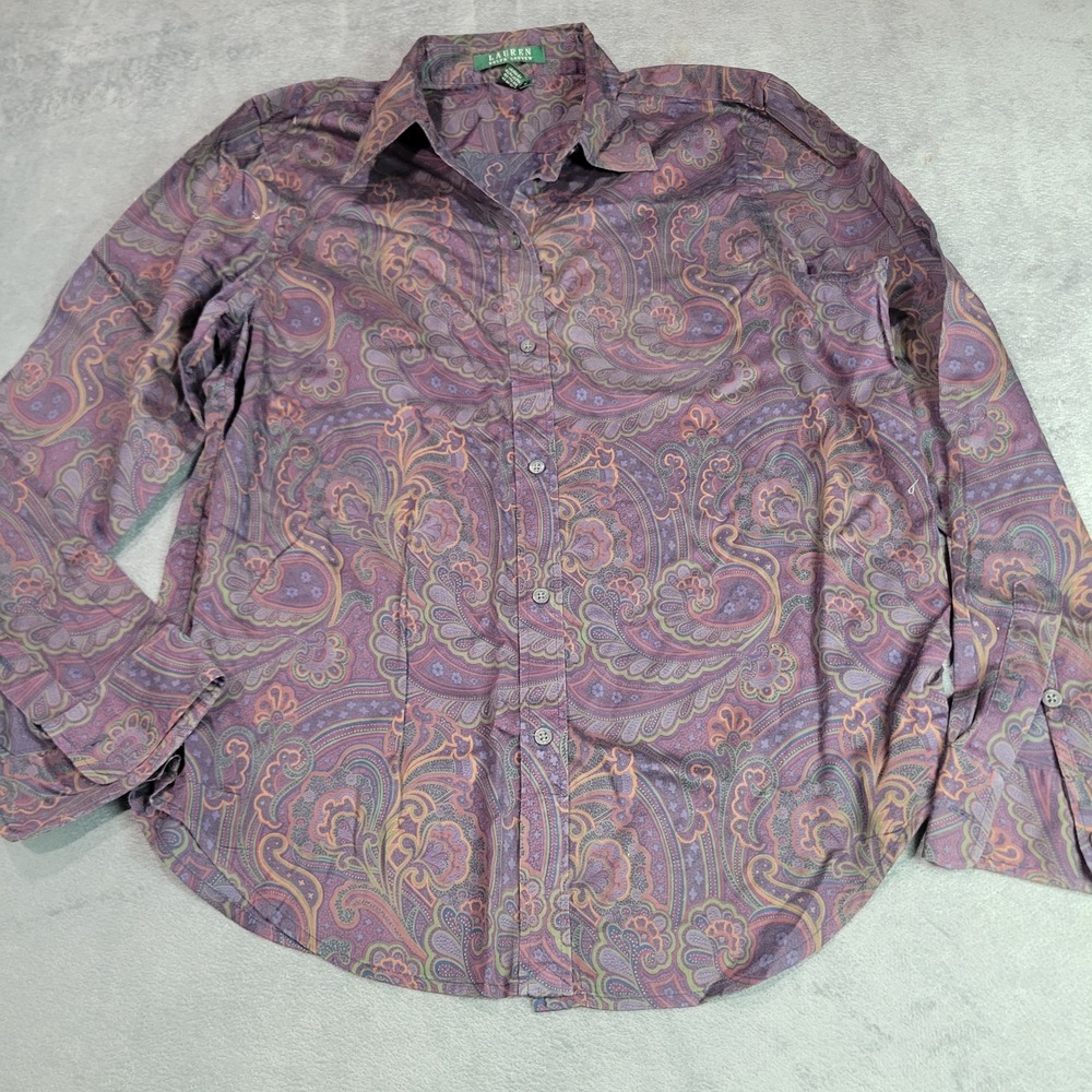 Lauren Ralph Lauren Shirt Womens Medium Purple Paisley Cotton Button Up Epaulets